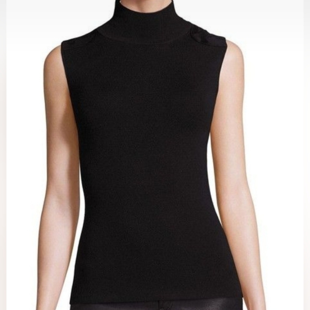 Mock neck sweater Rib-Knit Sleeveless Suede patches Black Wool blend POLO RL